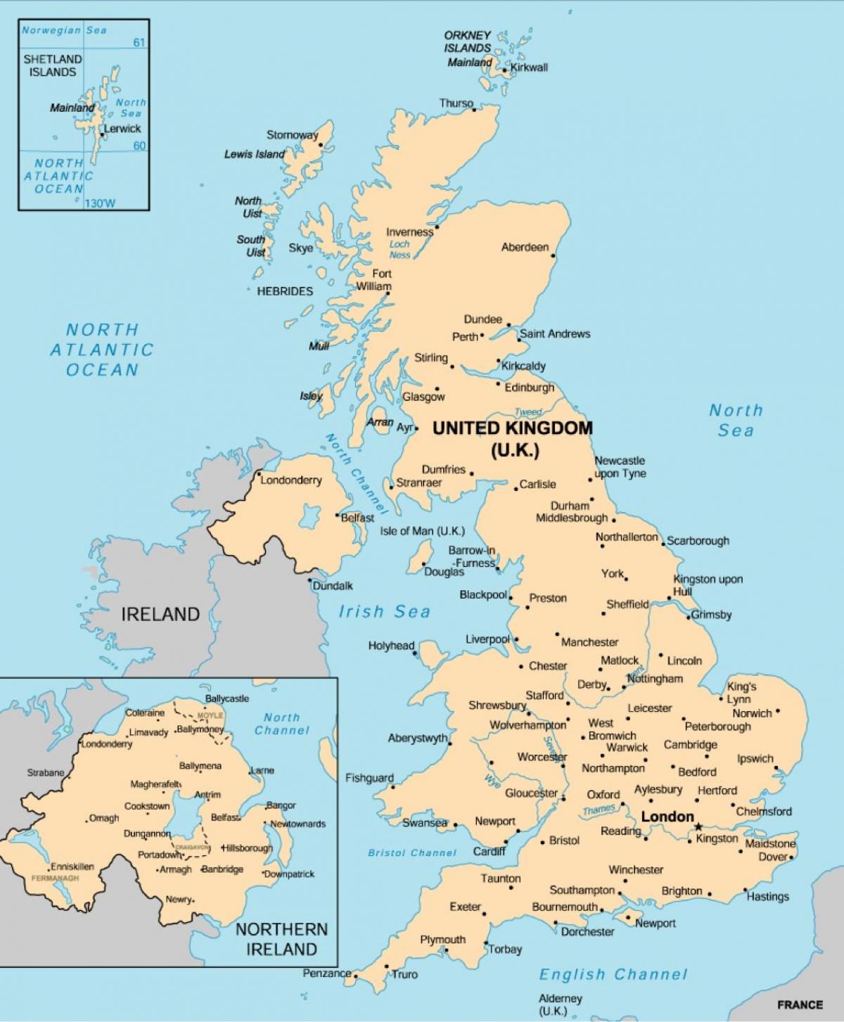 Mapa del Reino Unido (UK) con las principales ciudades