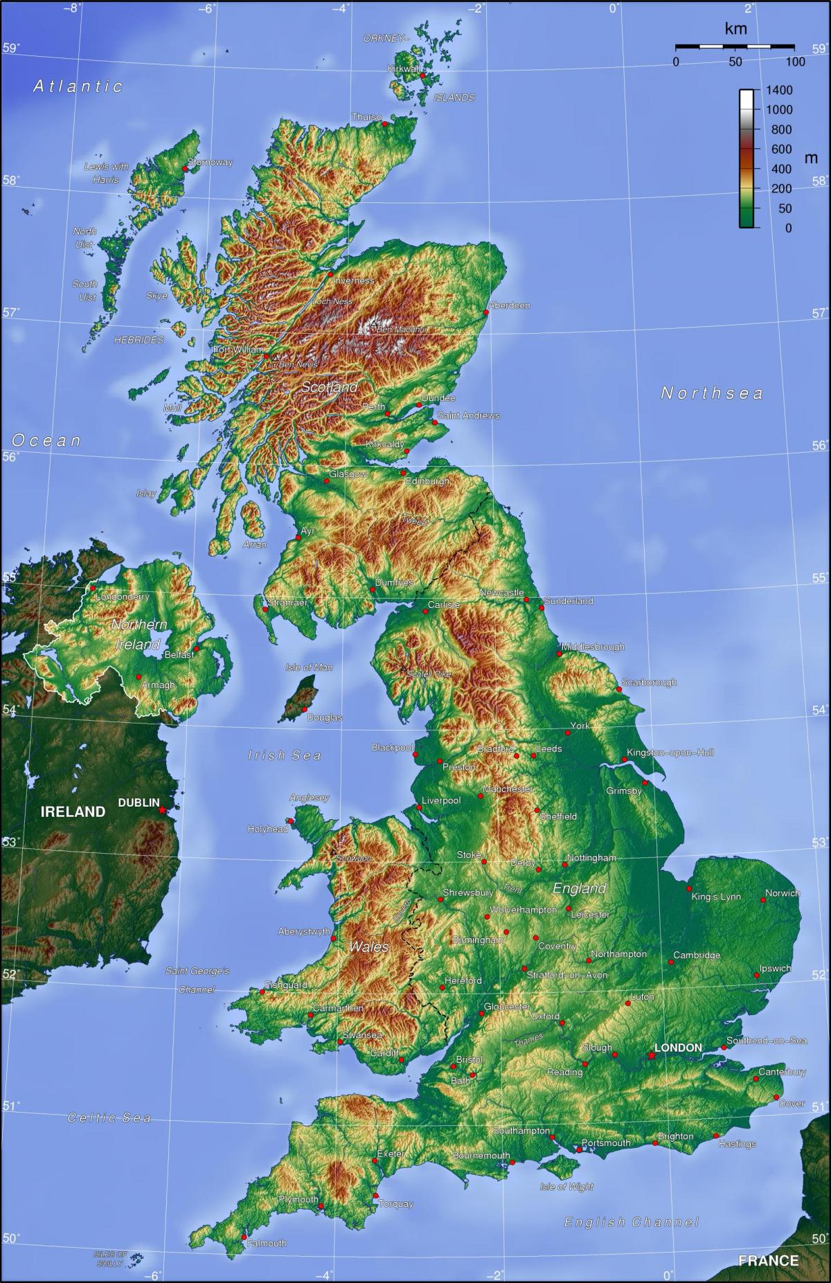 Mapa topográfico del Reino Unido (UK)